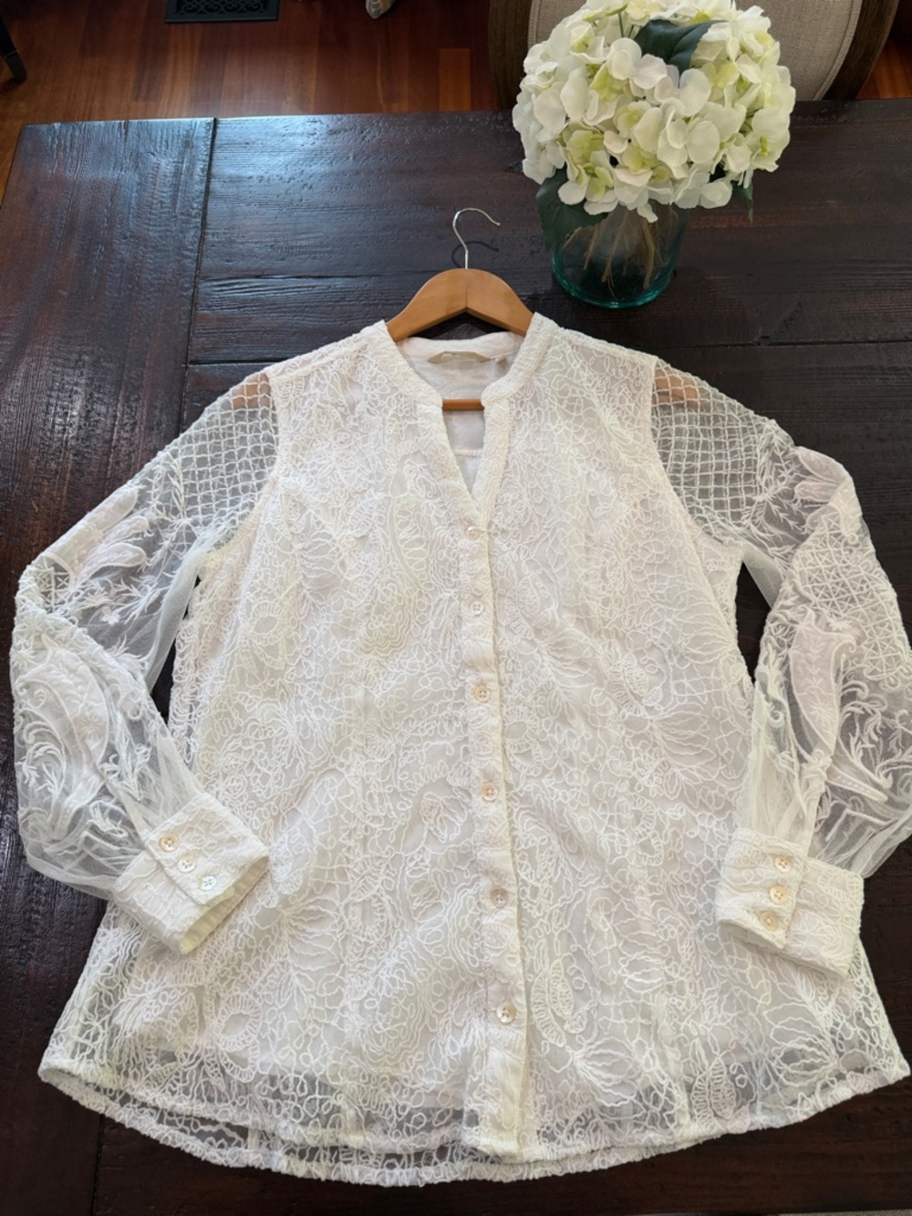 Coastal Grandmother Whimsigoth Soft Surroundings Lace Mesh Blouse Top Ivory M - Picture 2 of 16